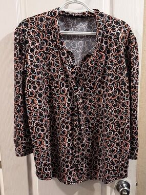 Womens Black Patterned Long-Sleeve Blouse with Coral and White Rings